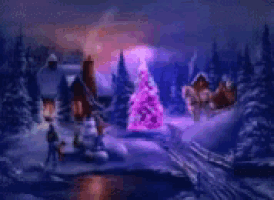 a christmas scene with a green christmas tree in the middle of the snow