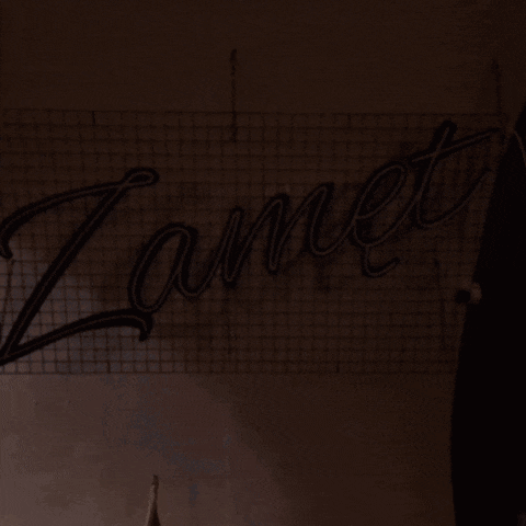 a neon sign that says " zamet " is lit up