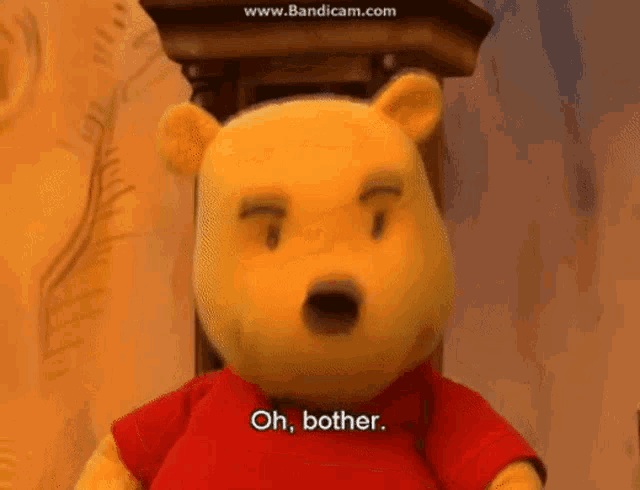 a stuffed winnie the pooh bear says oh bother .