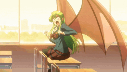 a girl with green hair and red wings is sitting on a desk in a classroom