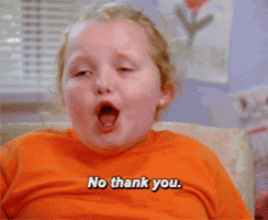 a girl in an orange shirt says " no thank you "