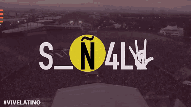 a sign that says ' s_n4lv ' on it with a stadium in the background