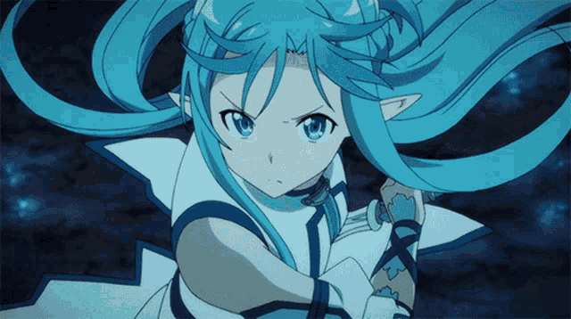 a blue haired anime girl with a sword in her hand