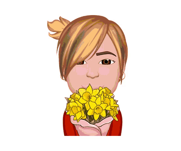 a cartoon woman is holding a bouquet of yellow flowers