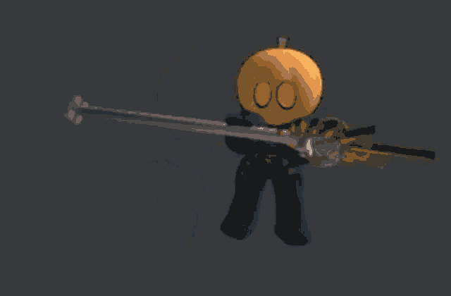 a cartoon character has a pumpkin on his head