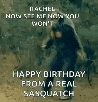 a man in a gas mask is walking in the dirt and says `` happy birthday from a real sasquatch '' .