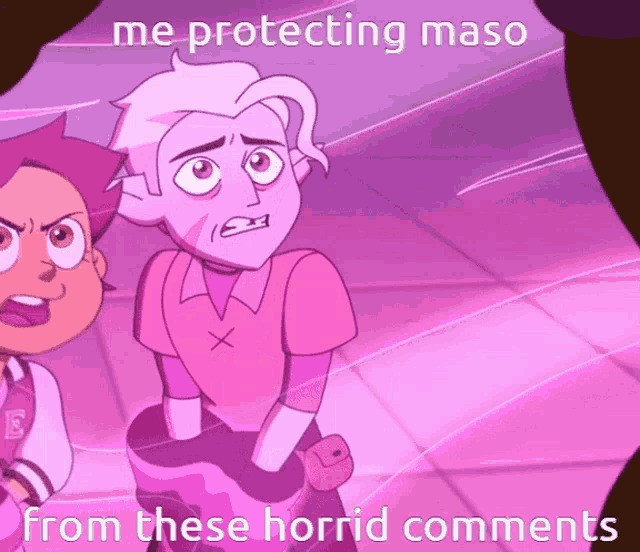 a cartoon of a man in a pink shirt with the words me protecting maso from these horrid comments