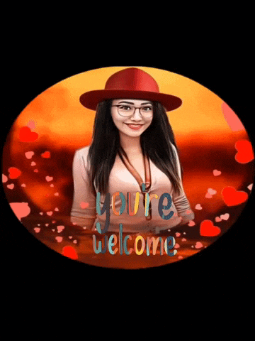 a woman wearing a red hat and glasses is surrounded by hearts and the words you 're welcome