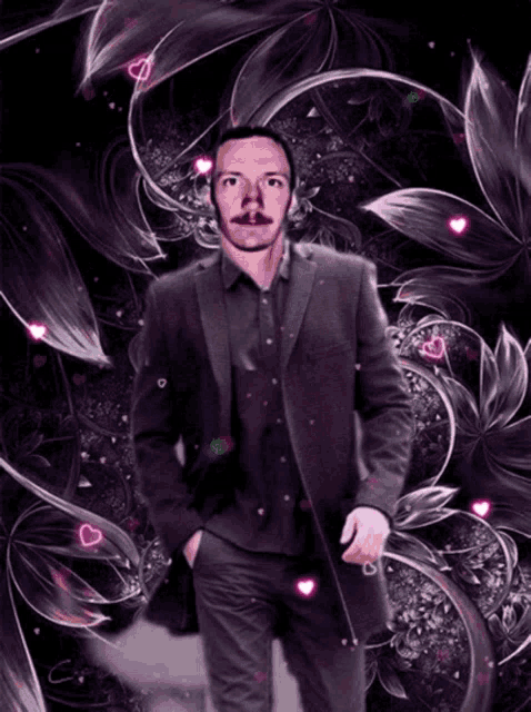 a man in a suit with his hands in his pockets is surrounded by flowers and hearts