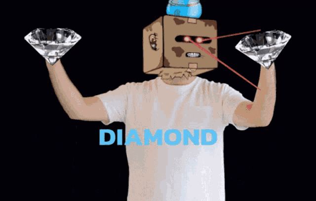a man with a cardboard box on his head is holding diamonds in his hands