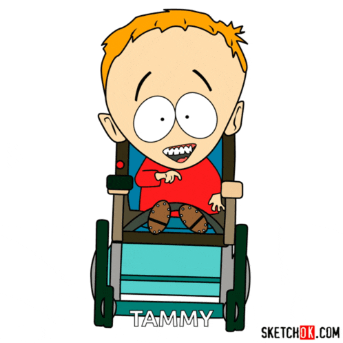 tammy from south park is sitting in a wheelchair and smiling