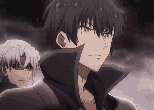 two anime characters standing next to each other in the rain