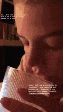 a close up of a person drinking from a plastic cup with the words also making a murderer in the corner
