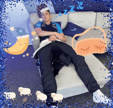 a man is sleeping on a couch with a sheep and a moon in the background