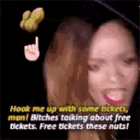 a woman is talking about free tickets with a peanut in her hair .