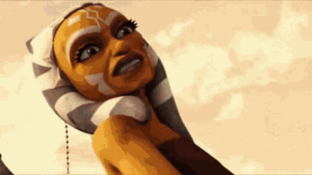 a close up of a cartoon character with a scarf around her head and a surprised look on her face .