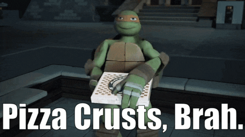 a teenage mutant ninja turtle holding a pizza box with the words pizza crusts bran written below him