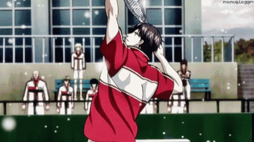 a man in a red and white shirt is holding a tennis racket in his hand .