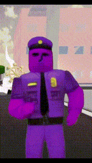 a purple police officer in a video game is standing on the street .