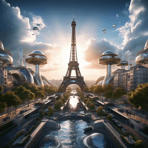 the eiffel tower is surrounded by futuristic buildings and a river