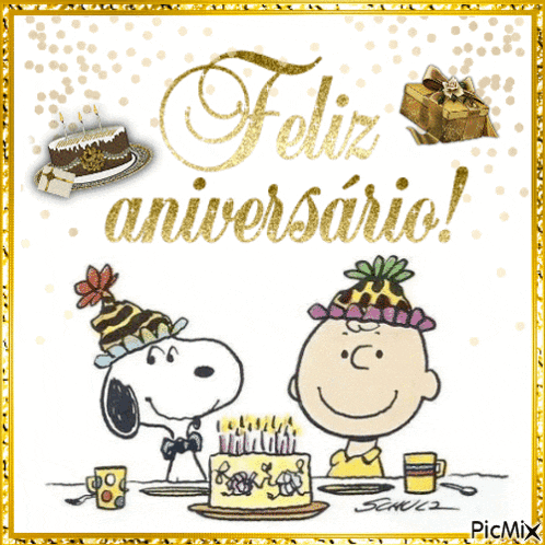 a picture of snoopy and charlie brown with a birthday cake and the words feliz aniversario