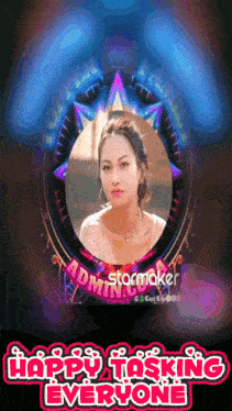 a picture of a woman in a frame with the words happy tasking everyone