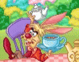 a pixel art of a cartoon character sitting at a table with a cup of tea .