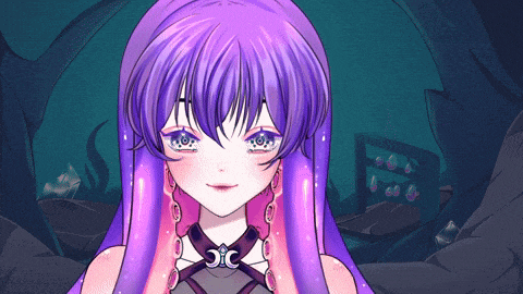 a drawing of a girl with purple hair and a necklace that says oic