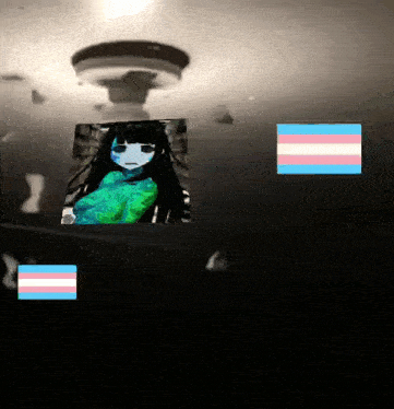 a picture of a girl in a green dress is surrounded by transgender flags .