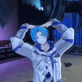 a blue haired anime character making a heart shape with his hands