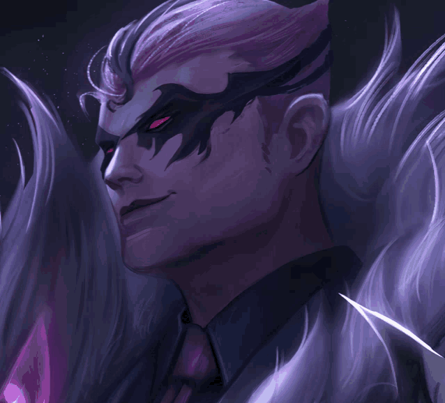 a man with purple hair and red eyes is wearing a black shirt and tie