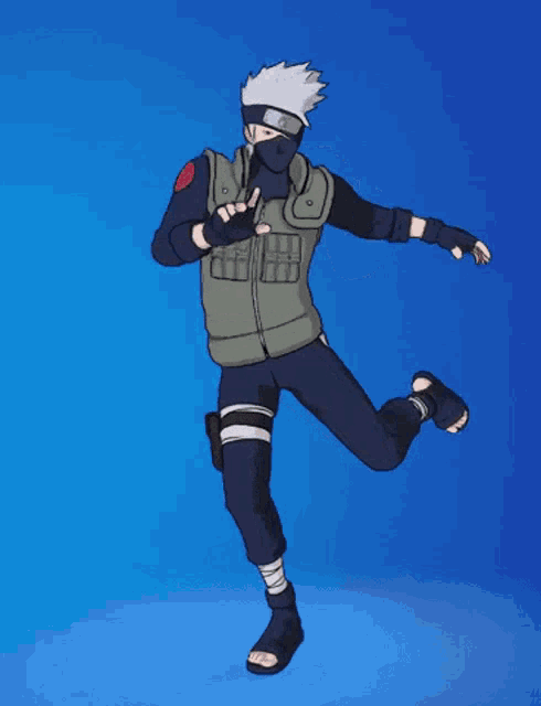 a cartoon character is dancing with his arms outstretched against a blue background