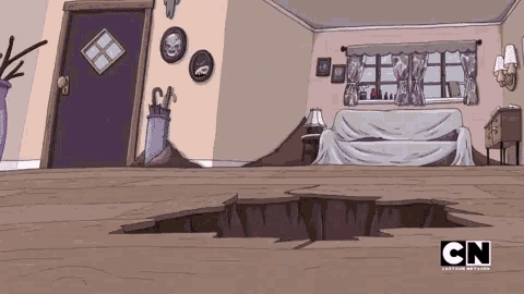 a cartoon of a living room with a hole in the floor and cn written on the bottom