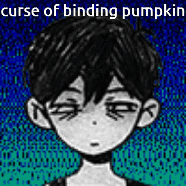 a black and white drawing of a boy with the words curse of binding pumpkin written above it .