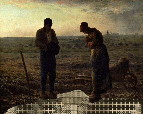 a painting of a man and woman in a field