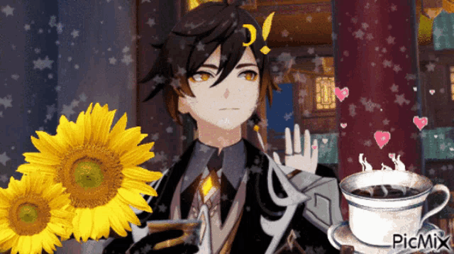 a picture of a man with sunflowers and a cup of coffee with picmix on the bottom
