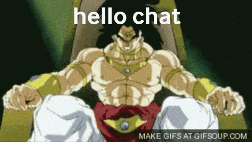 a cartoon of a man sitting in a chair with the words hello chat below him
