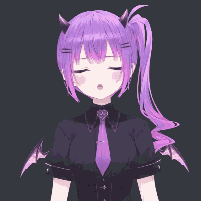 a girl with purple hair and horns is wearing a purple tie