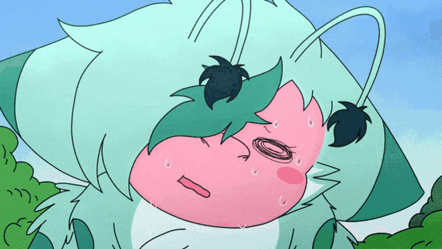 a cartoon drawing of a pink and green animal with sweat coming out of its nose