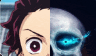 a close up of a person 's face and a skull with blue eyes