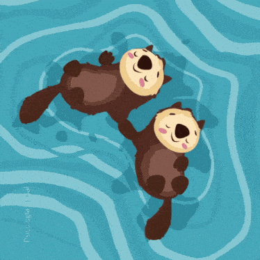 two sea otters are floating on their backs in the water with a blue background