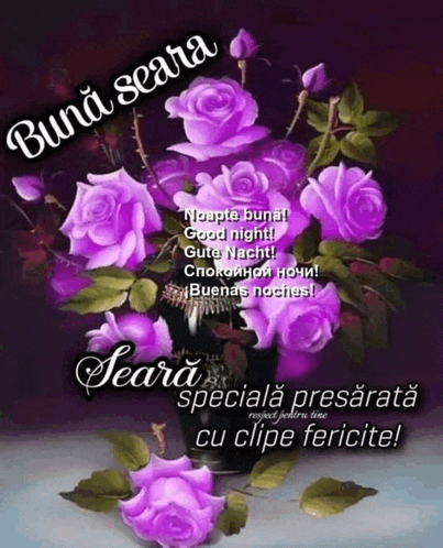 a bunch of purple roses in a vase with the words bun seara