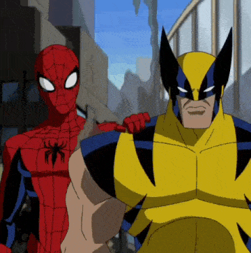 spider-man and wolverine are standing next to each other on a city street