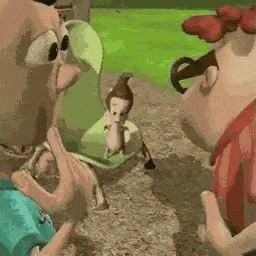 two cartoon characters are standing next to each other in a park .