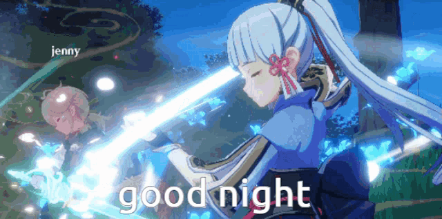 jenny is holding a sword in a video game and says " good night "