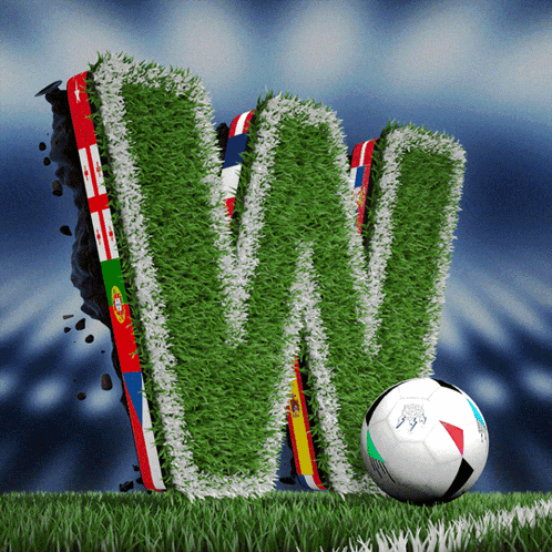 the letter w is made out of grass and a soccer ball in the foreground