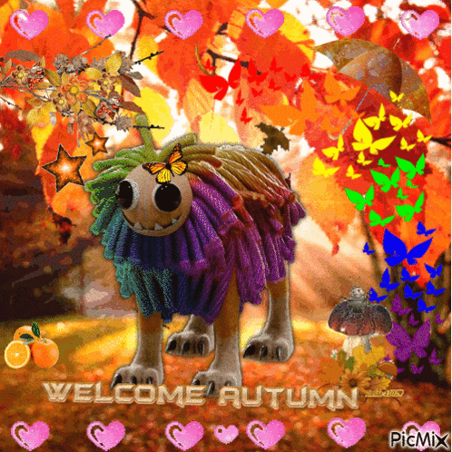 a picture of a colorful monster with the words welcome autumn