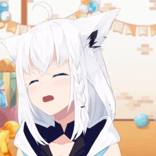 a anime girl with white hair and black ears
