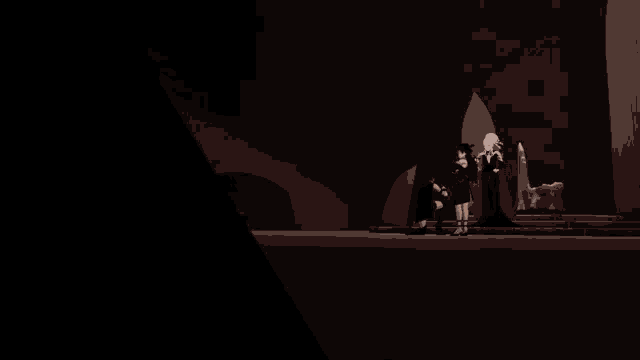 a cartoon character is standing in a dark room with a sword in his hand