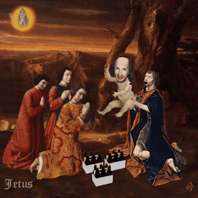 a painting of a group of people with the word jetus on the bottom left
